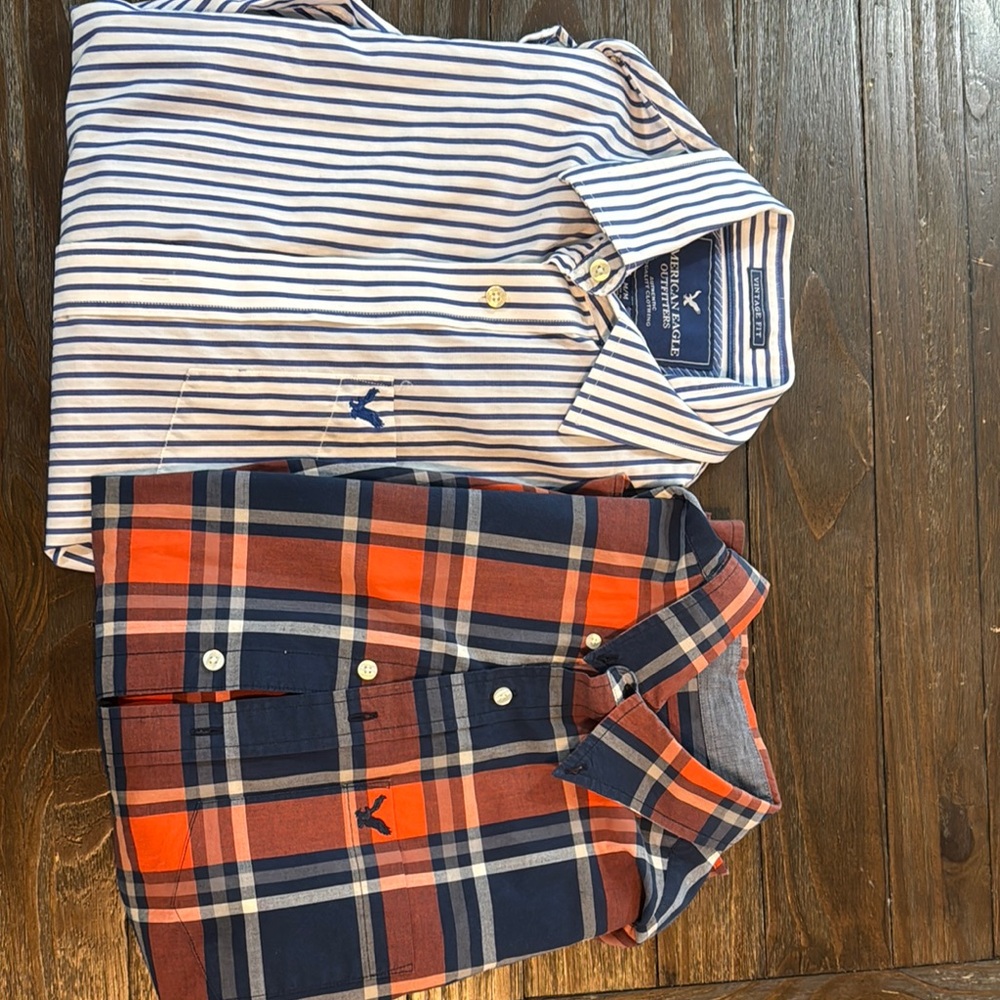 American Eagle Outfitters Blue Striped and Orange Plaid Shirts